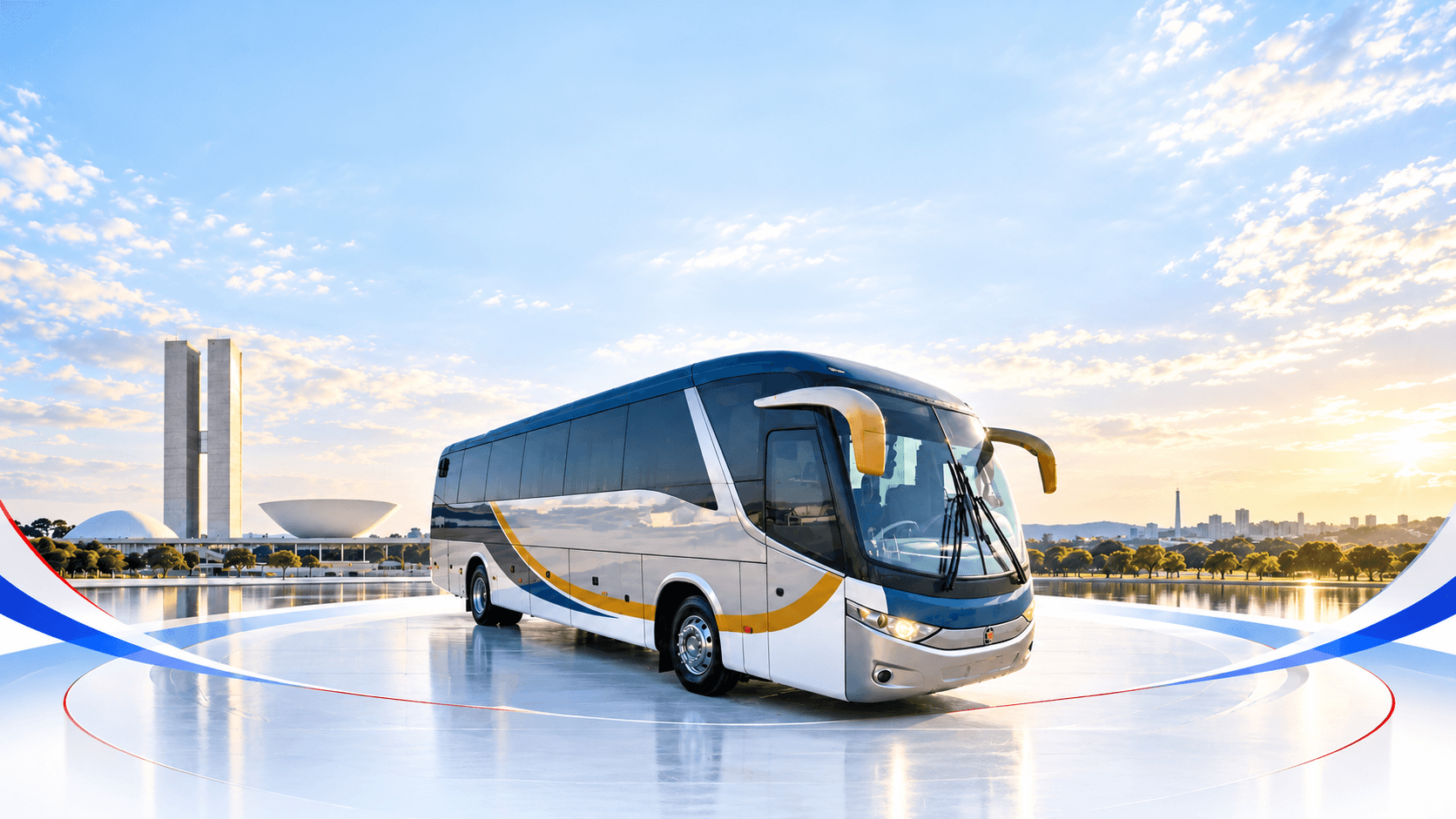Ônibus executivo da Quality+ diante dos principais monumentos de Brasília