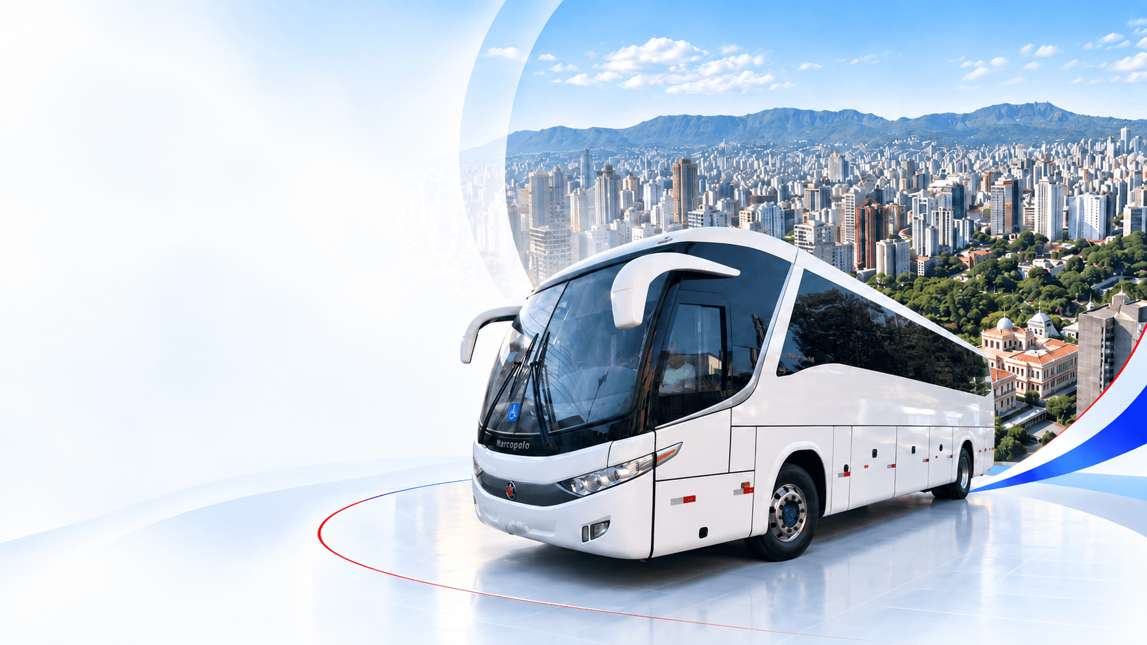 Ônibus da Quality+ diante de uma grande capital brasileira